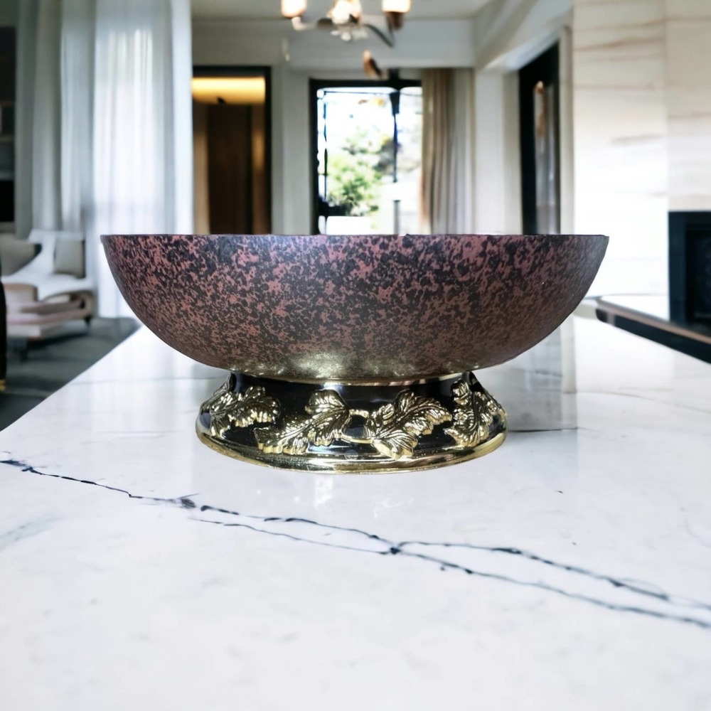 Teleflora Decor Pot Bowl Bronze Metal Brown Gold Leaf Decorative Floral Tin
